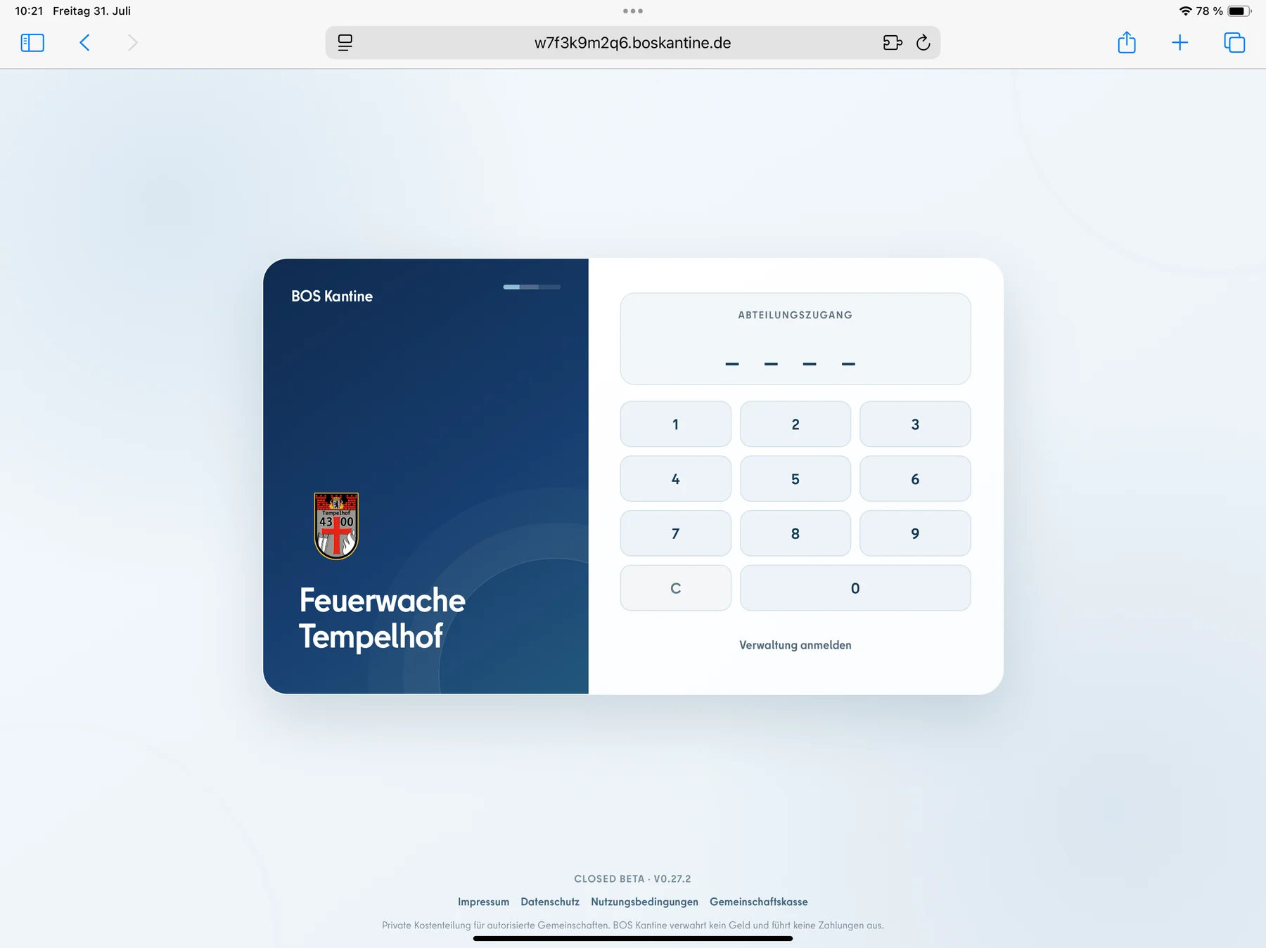 Echter Abteilungszugang der BOS Kantine WebApp