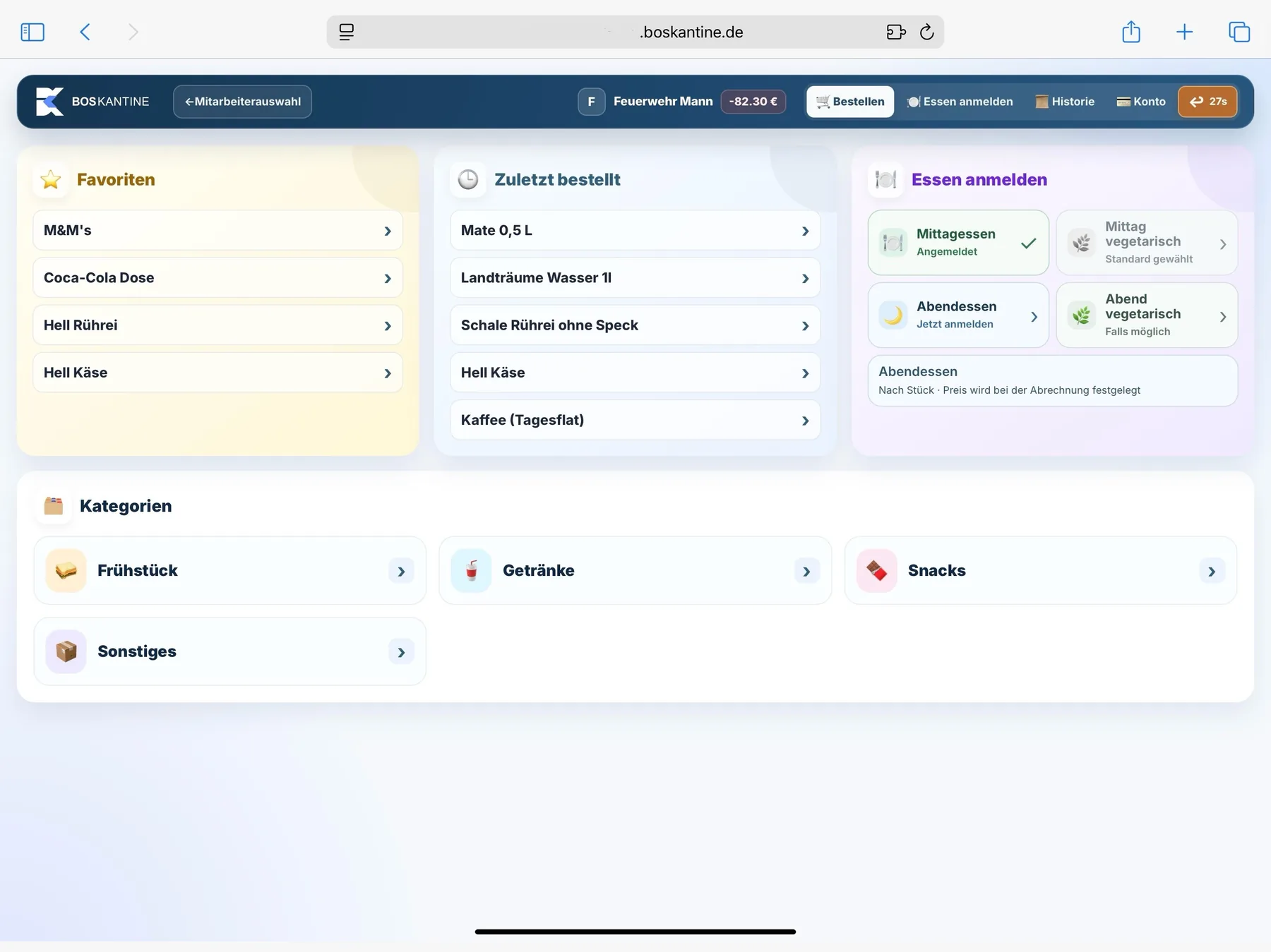 Aktuelle Bestellansicht der BOS Kantine WebApp