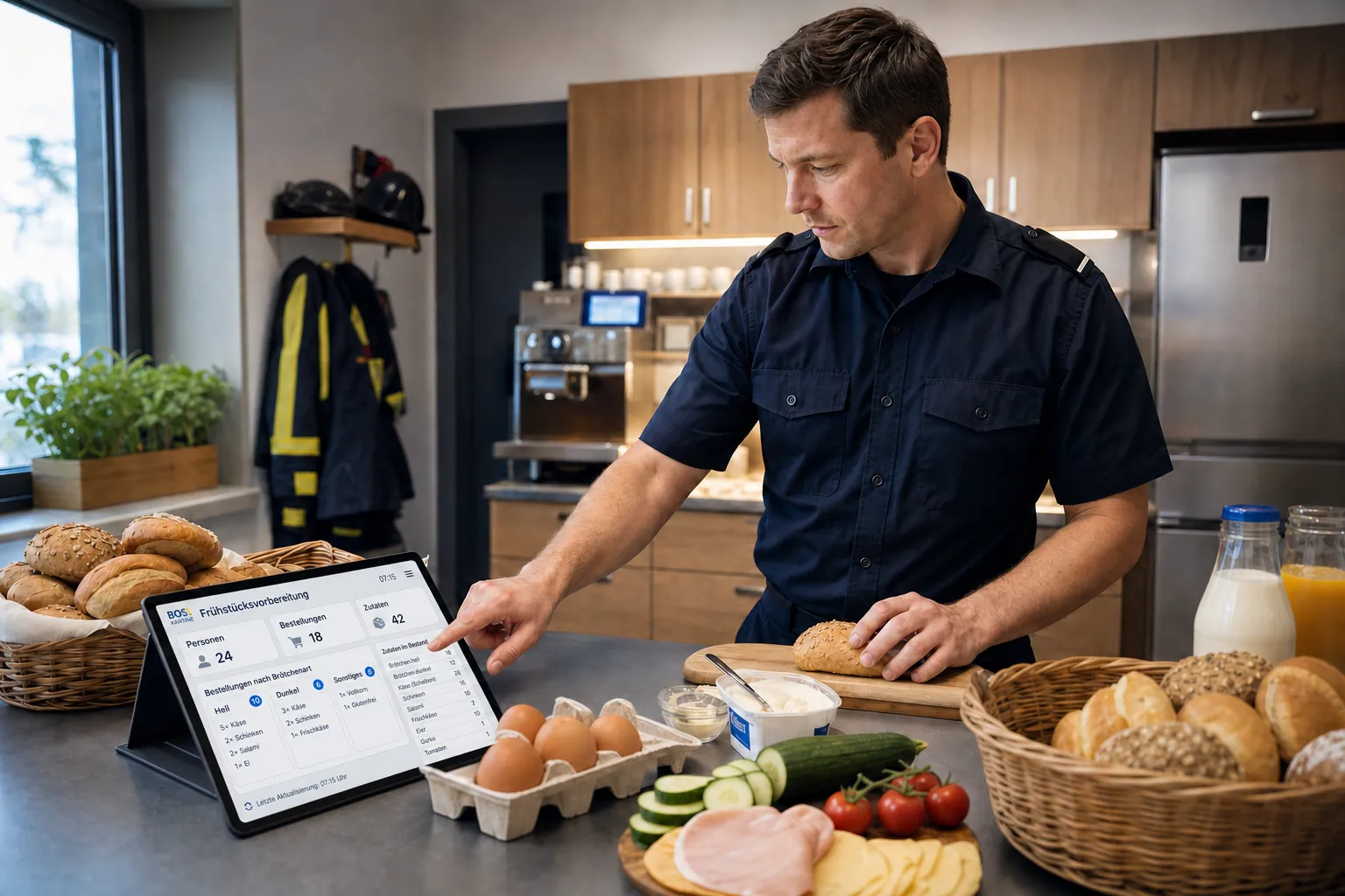 Frühstücksvorbereitung mit digitaler Übersicht auf einem Tablet in der Küche