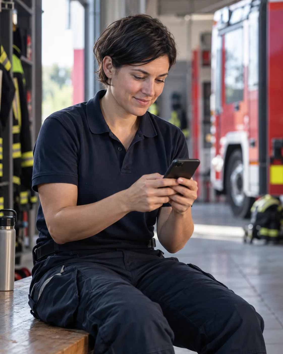 KI-generierte Szene: Eine Kollegin nutzt ihr Smartphone in der Fahrzeughalle